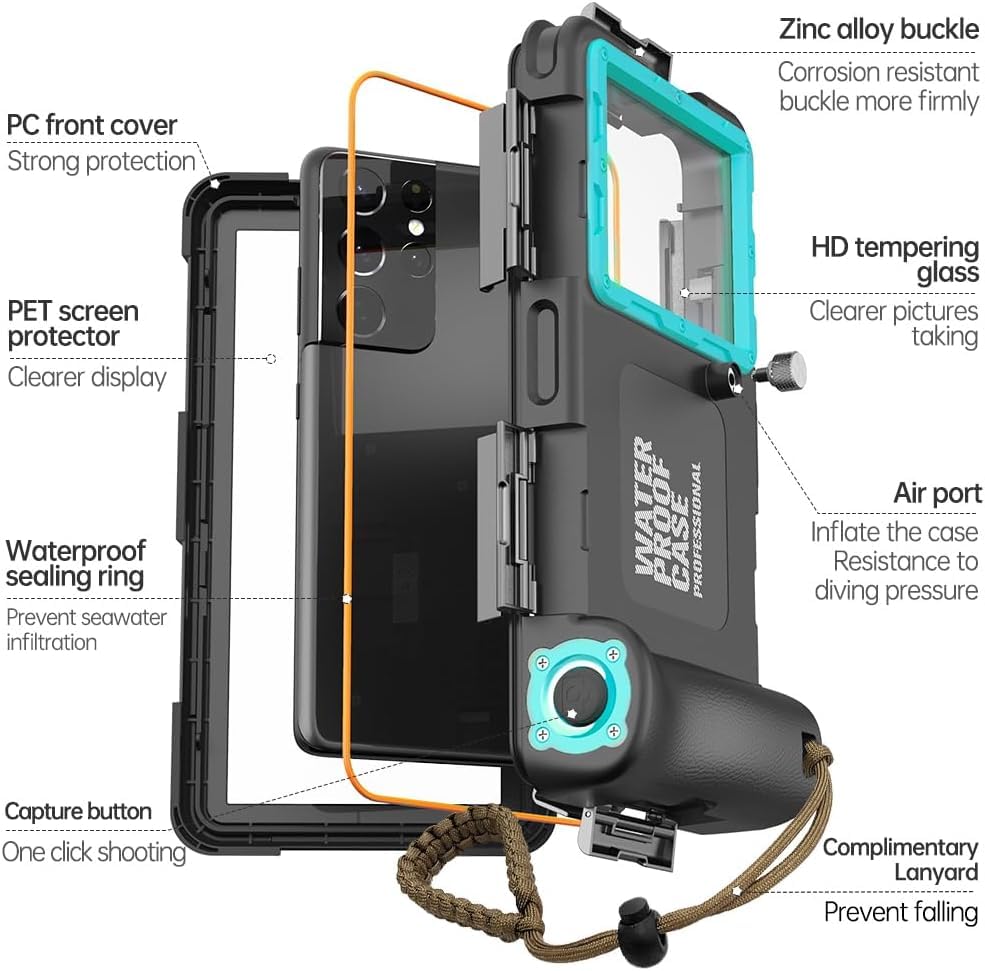 Hllhunkhe Universal Underwater Phone Case for Snorkeling, Professional Diving Waterproof Phone Case for iPhone 7-17 Pro/Pro Max/Plus/Mini, Galaxy S10-S25 Ultra/Plus and Most Phones,Black/Teal - color: Black/Teal