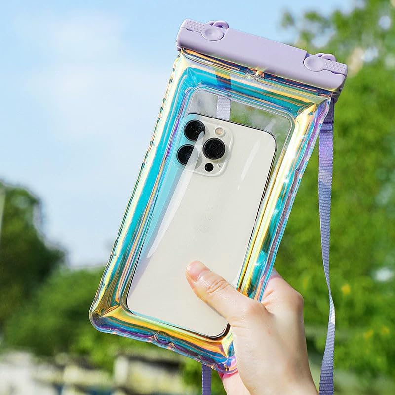 Air Float Waterproof Phone Case, Rainbow Holographic Laser TPU Touch Responsive Phone Pouch for Pool Beach Snorkeling Cruise (Purple) - color: Purple
