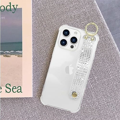 Omio Compatible with iPhone 16 Pro Max Case Clear Luxury Glitter Sparkle Rhinestone Diamond Stand Holder Case Soft TPU Silicone Slim Cover with Wrist Strap Grip Holder Kickstand for Women Girls Clear - size: iPhone 16 Pro Max