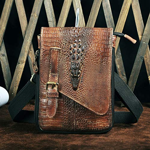 Le'aokuu Mens Genuine Leather Small Messenger Shoulder Satchel Phone Pouch Belt Waist Bag Pack - color: Large Crocodile Camel