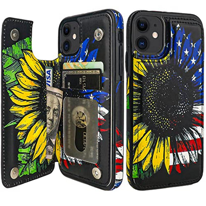 HAOPINSH for iPhone 11 Wallet Case with Card Holder, American Flag Sunflowers Pattern Back Flip PU Leather Kickstand Card Slots Case for Women Girls, Double Magnetic Clasp Shockproof Cover 6.1" - color: American Flag Sunflowers