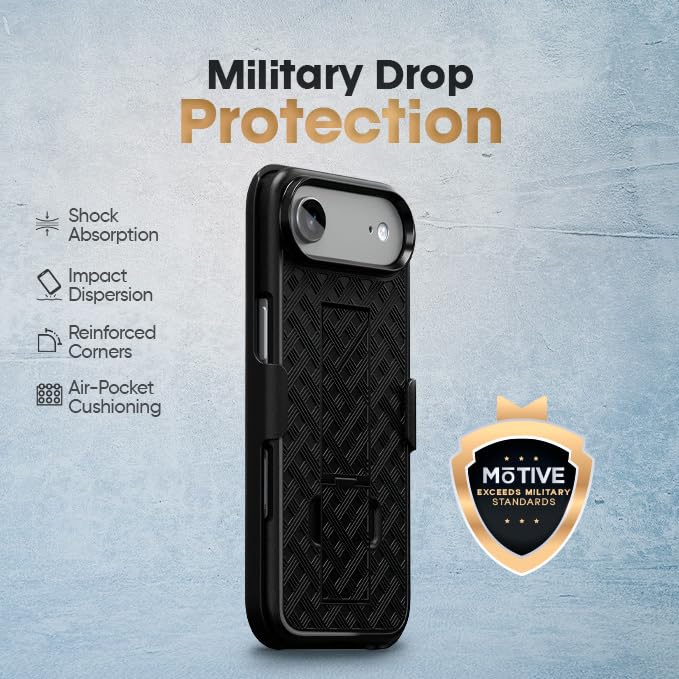 MOTIVE for iPhone Air Case with Belt Clip, Rigid, Kickstand | 6.5" | Ranger v1 Series, Black, 360° holster, open-top/open-bottom port access, textured grip, slim - size: iPhone Air