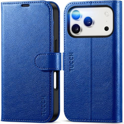 TUCCH Wallet Case for iPhone 17 Pro (6.3") 2025, Flip Stand, Klein Blue | RFID Blocking, 4 Card Holders, Kickstand, PU Leather, Shockproof TPU Shell, Magnetic Closure, Protective Folio Cover - color: Textured Klein Blue