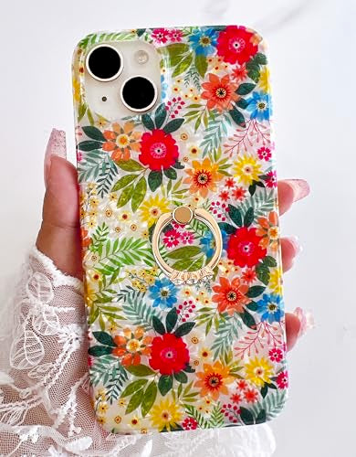 Qokey for iPhone 13/14 Case 6.1 inch,Flower Design Cute Clear for Women Girls with 360 Degree Rotating Ring Kickstand Soft TPU Shockproof Cover Blue Pink Floral - color: Blue Pink