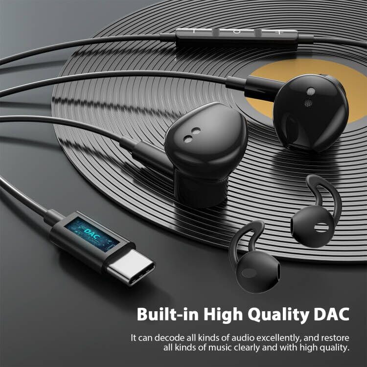 Jelanry Magnetic USB-C Wired Earbuds HiFi Stereo Headphones with Mic Black - color: Black
