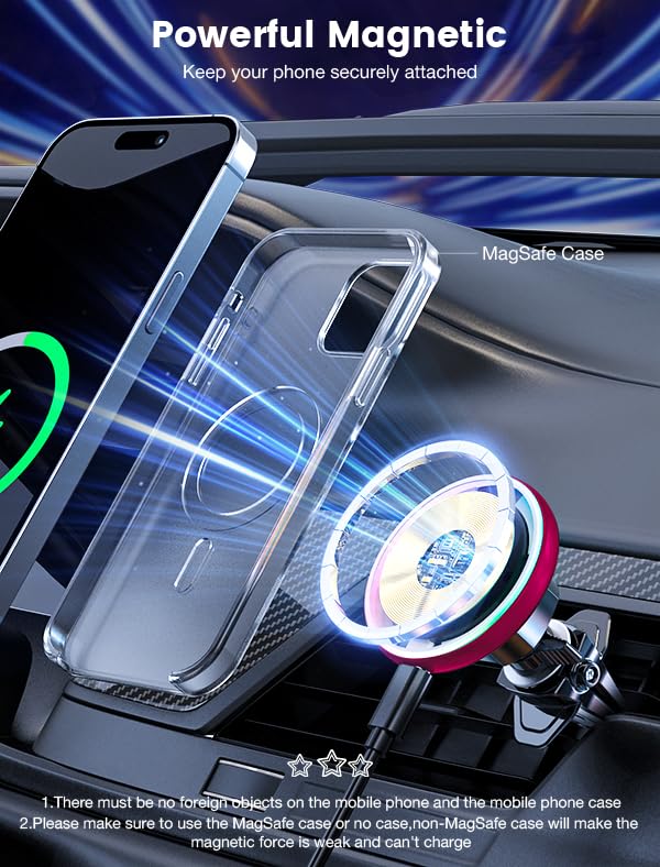 for Magsafe Car Mount Charger 15W LED RGB Car Phone Holder for Dash Vent - color: Red