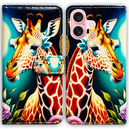 Bcov Case for iPhone 16,Giraffe Flowers Multifunction Leather Phone Case Wallet Flip Cover with Multi Card Slots Pocket Wrist Strap for Apple iPhone 16 - color: Giraffe Flowers