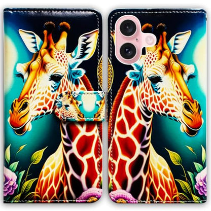 Bcov Case for iPhone 16,Giraffe Flowers Multifunction Leather Phone Case Wallet Flip Cover with Multi Card Slots Pocket Wrist Strap for Apple iPhone 16 - color: Giraffe Flowers
