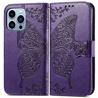 for iPhone 13 Pro Case Wallet for Women,Purple | Flip Folio Butterfly Embossed PU Leather Kickstand Credit Card Holder Slots Magnetic Wrist Strap Phone Cover - color: Purple