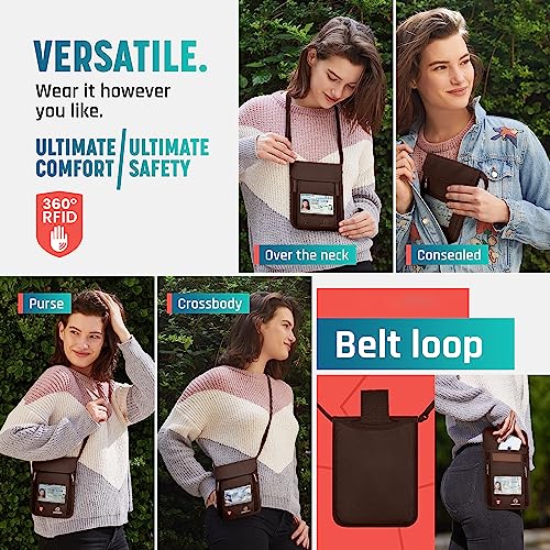 Alpha Keeper Neck Wallet for Travel Man and Women, RFID Passport Holder - color: Brown