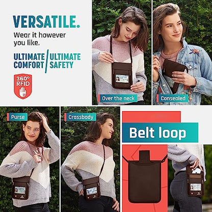 Alpha Keeper Neck Wallet for Travel Man and Women, RFID Passport Holder - color: Brown