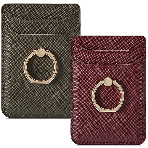 Card Holder for Phone Case 2Pc, RFID Leather Phone Wallet with Ring | Phone Wallet Stick On Back Of Phone Case.Credit Card/ID/Pocket Phone Card Holder for iPhone Andriod. Viewing Freely - color: DarkGreen+Red