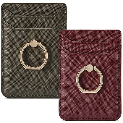 Card Holder for Phone Case 2Pc, RFID Leather Phone Wallet with Ring | Phone Wallet Stick On Back Of Phone Case.Credit Card/ID/Pocket Phone Card Holder for iPhone Andriod. Viewing Freely - color: DarkGreen+Red