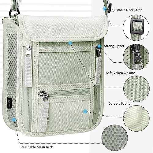 WALNEW Passport Holder Neck Pouch Travel Wallet for Women and Men, RFID Blocking Security Slim Traveling Wallet with Around Neck Lanyard Strap, Light Green - color: Light Gray Green