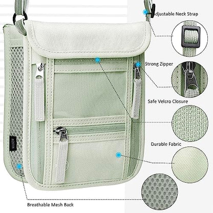 WALNEW Passport Holder Neck Pouch Travel Wallet for Women and Men, RFID Blocking Security Slim Traveling Wallet with Around Neck Lanyard Strap, Light Green - color: Light Gray Green