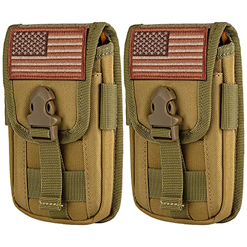 2 Pack Tactical Phone Holster Pouch, Smartphone Pouch Case Molle Attachment Belt Holder for 4.7"-6.9" Phone with US Flag Patch for iPhone 18 Pro Max/17/16/15/14 Pro Max - color: Khaki