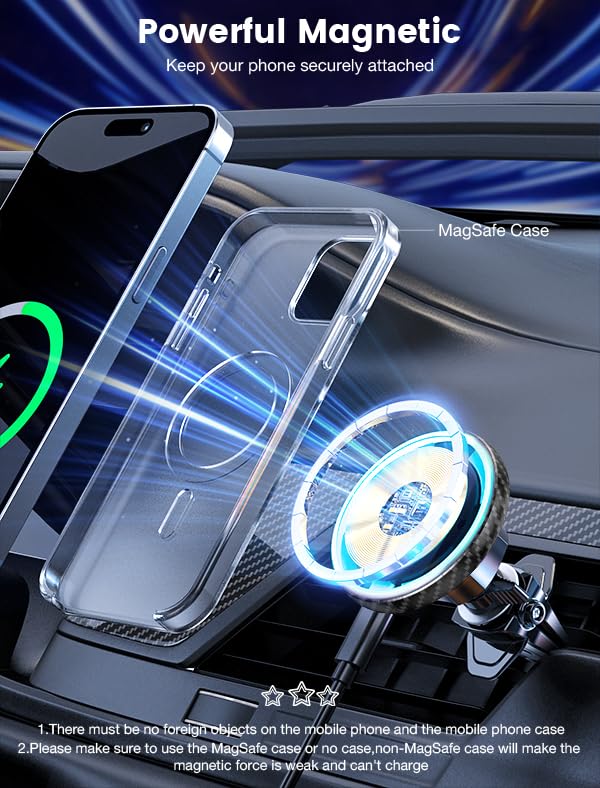 for Magsafe Car Mount Charger 15W LED RGB Car Phone Holder for Dash Vent - color: Carbon Fiber