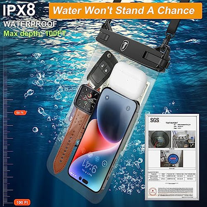 Extra Large Waterproof Phone Pouch Bag Case for Samsung Galaxy S25 Ultra S24 Plus S23 Note 20 A36 A35 A16 A15 iPhone 16E 16 Pro Max [Up to 10"] [2-Pack] IPX8 Vacation Cellphone Dry Bag-Clear