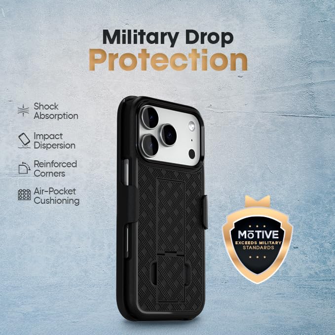 MOTIVE for iPhone 17 Pro Case with Belt Clip, Rigid, Kickstand | 6.3" | Ranger v1 Series, Black, 360° holster, open-top/open-bottom port access, textured grip, slim - size: iPhone 17 Pro
