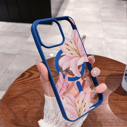 Pink Lilies Magnetic Phone Case for iPhone 17/16/15/14/13/12 Pro Fashionable Pattern Design Transparent Shockproof Classic Gift Ultra-Thin Protective Smartphone Cover (Blue, iPhone 17 Pro) - color: Blue