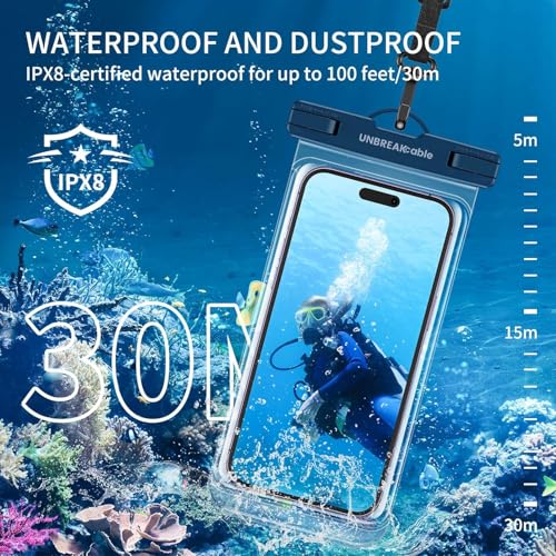 UNBREAKcable Waterproof Phone Pouch-2 Pack IPX8 Waterproof Phone Case for iPhone 16 15 14 13 12 11 Pro Max & Samsung S25 S24-Dry Bag & Travel Essentials for Beach, Pool, Kayak & Cruise-7" Black+Blue - color: Black + Blue
