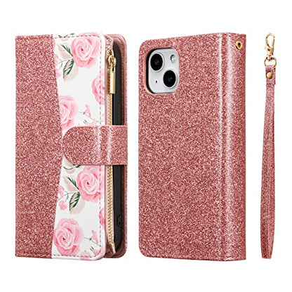 UEEBAI Wallet Case for iPhone 13 - PU Leather Magnetic Closure Handbag With Zipper Pocket, Kickstand, Card Slots and Hand Strap - Bling Rose Gold Flip for Women - color: Bling Rose Gold