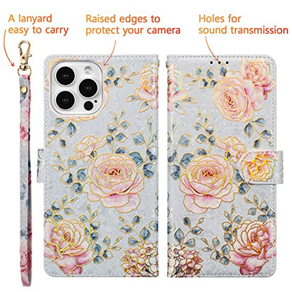 UEEBAI Wallet Case for iPhone 13 Pro Max, PU Leather Phone Cover Kickstand RFID Blocking Flip Case Card Slots Wrist Strap Relief Engraved Pattern Magnetic Closure Flower Folio Wallet, Purple Rose - color: Purple Rose, size: iPhone 13 Pro Max