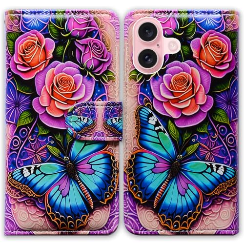 Bcov Case for iPhone 16,Blue Butterfly Flowers Rose Multifunction Leather Phone Case Wallet Flip Cover with Multi Card Slots Pocket Wrist Strap for Apple iPhone 16 - color: Blue Butterfly Flowers Rose