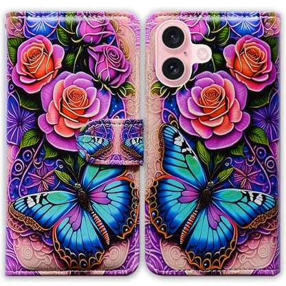 Bcov Case for iPhone 16,Blue Butterfly Flowers Rose Multifunction Leather Phone Case Wallet Flip Cover with Multi Card Slots Pocket Wrist Strap for Apple iPhone 16 - color: Blue Butterfly Flowers Rose