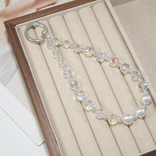 Sparkle Crystal Pearl Phone Wrist Strap for Women, Sparkling Beaded Cellphone Lanyard Chain - color: White
