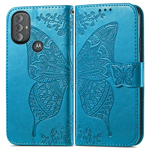 for Moto G Power 2022 Case Wallet,Women Flip Cover,Blue | Butterfly Embossed PU Leather Kickstand Credit Card Holder Slots Magnetic Wrist Strap Purse - color: Blue