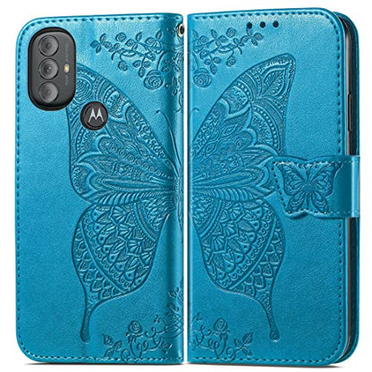for Moto G Power 2022 Case Wallet,Women Flip Cover,Blue | Butterfly Embossed PU Leather Kickstand Credit Card Holder Slots Magnetic Wrist Strap Purse - color: Blue