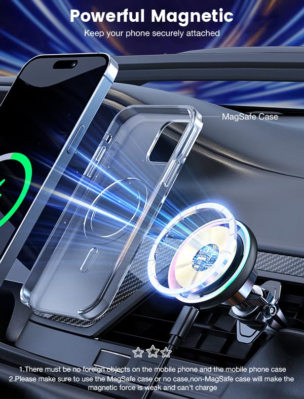 for Magsafe Car Mount Charger 15W LED RGB Car Phone Holder for Dash Vent - color: A Colorful Charger