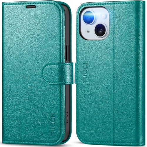 TUCCH Wallet Case for iPhone 15 (6.1") 2023, 4 Card Slots, Cyan | RFID Blocking, Viewing Stand, Shockproof TPU Shell, PU Leather, Magnetic Closure, Protective Folio Flip Cover - color: Cyan - Textured