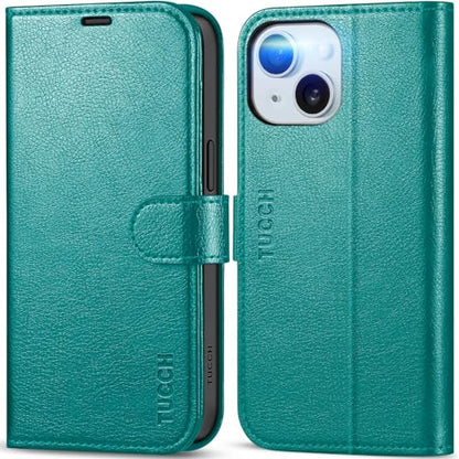 TUCCH Wallet Case for iPhone 15 (6.1") 2023, 4 Card Slots, Cyan | RFID Blocking, Viewing Stand, Shockproof TPU Shell, PU Leather, Magnetic Closure, Protective Folio Flip Cover - color: Cyan - Textured