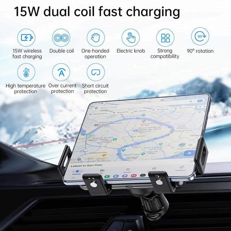 15W Dual Coil Fold Screen Car Wireless Charger for Samsung Galaxy Z Fold 7 6 5 4 S24 Flip Series iPhone 17 16 15 14 13 12 Pro Max Phone Holder Stand Mount (Standard(NO Sucker))