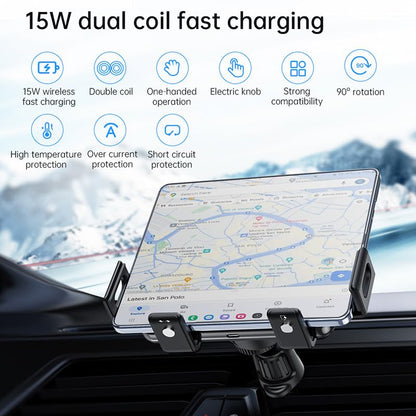 15W Dual Coil Fold Screen Car Wireless Charger for Samsung Galaxy Z Fold 7 6 5 4 S24 Flip Series iPhone 17 16 15 14 13 12 Pro Max Phone Holder Stand Mount (Standard(NO Sucker))