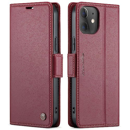 QLTYPRI Wallet Case for iPhone 12/12 Pro, Premium PU Leather Magnetic Flip Folio Case with RFID Blocking Credit Card Slots Kickstand Shockproof Protective Phone Case Cover - Wine Red | Premium PU Leather, Magnetic Closure Flip Case, RFID Blocking, Viewing