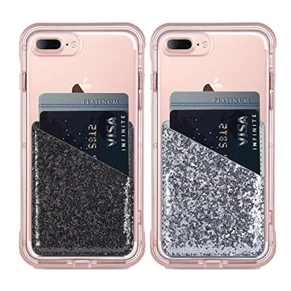 Faux Leather Cell Phone Wallet,Credit Card Holder for Back of Phone Pocket 3M Adhesive Sticker Card Pouch Sleeve for iPhone/Samsung Galaxy/Sony/Android and Most Smartphones,Black/Silver Glitter - color: Silver+Black