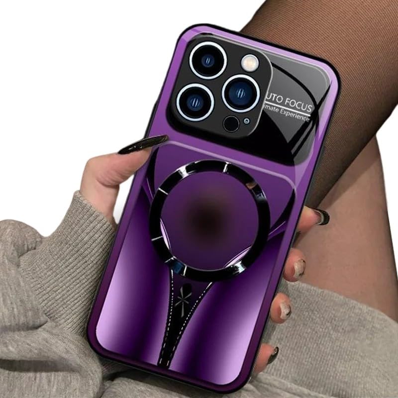 Stylish Magnetic Shockproof Phone Case, Tempered Glass, Slim Protective Cover Raised Camera Lens Non-Slip Alloy Frame Magnetic Wireless Charging Case for iPhone 12 13 14 15 16 17 (Purple, 16 Pro Max) - color: Purple