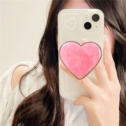 PGONA Cute Pink Heart Collapsible Phone Grip - Kawaii Seashell Pattern Love Handle Phone Stand Holder for Women, Compatible with Kindle, iPad, iPhone
