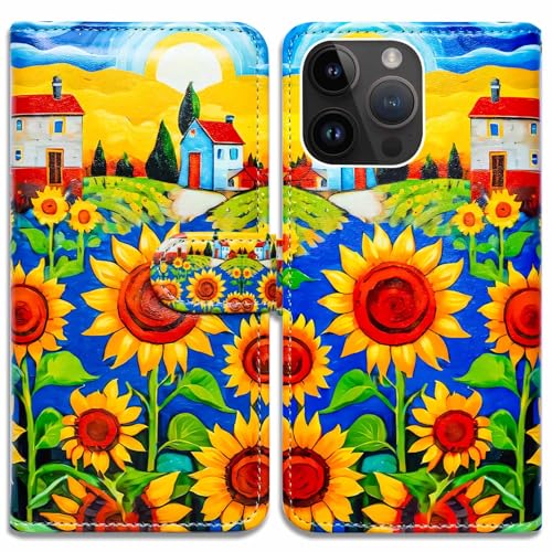 RFID Safe Case for iPhone 15 Pro Max,RFID Blocking,Sunflower House Leather Flip Phone Case Wallet Cover with Card Slot Holder Kickstand for iPhone 15 Pro Max - color: Sunflower House