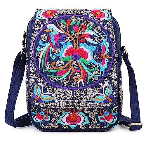 SILKAREA Embroidered Cute Mini Crossbody Bag for Women Small Handbags Wristlet Wallet Bag Cell-phone Pouch Coin Purse - color: S2 Blue Medium