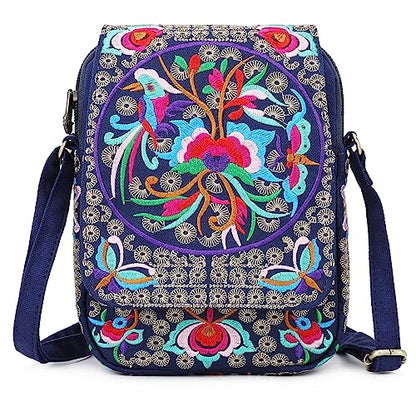 SILKAREA Embroidered Cute Mini Crossbody Bag for Women Small Handbags Wristlet Wallet Bag Cell-phone Pouch Coin Purse - color: S2 Blue Medium