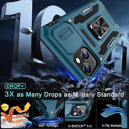 DEERLAMN Case for iPhone 13/iPhone 14 6.1-Inch with Slide Camera Cover+Screen Protector(2 Packs),Rotated Ring Kickstand Military Grade Shockproof Protective Cover-Light Blue - color: Light Blue