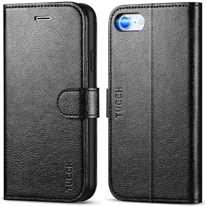 TUCCH Case Wallet for iPhone SE 2022/ iPhone 7/8/SE 2020, Textured Black | 3 Card Holders, Kickstand, PU Leather, Shockproof TPU Shell, Magnetic Closure, Protective Folio Cover - color: Black - Textured