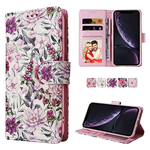 UEEBAI Wallet Case for iPhone XR, PU Leather Phone Case Kickstand RFID Blocking Flip Case with Card Slots Wrist Strap Relief Engraved Pattern Magnetic Closure Folio Case - Violet - color: Violet