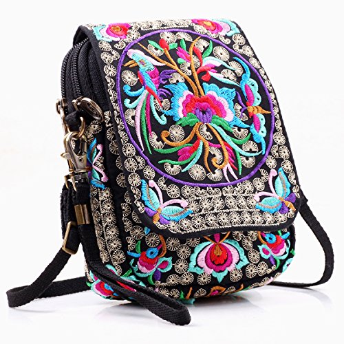 SILKAREA Embroidered Cute Mini Crossbody Bag for Women Small Handbags Wristlet Wallet Bag Cell-phone Pouch Coin Purse - color: Black Flower