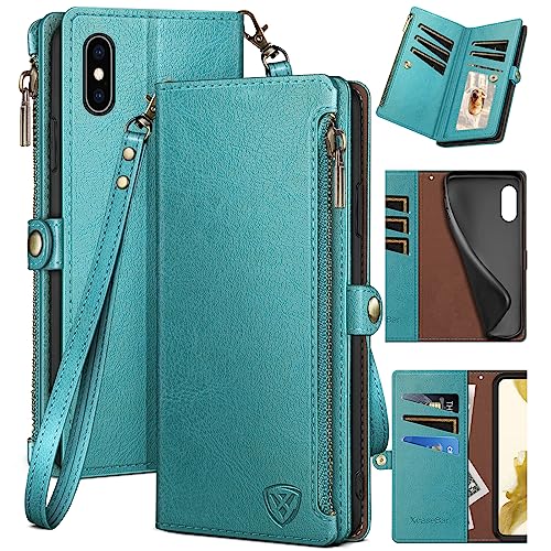 XcaseBar for iPhone Xs Max 6.5" Wallet case with Zipper Credit Card Holder【RFID Blocking】, Flip Folio Book PU Leather Phone case Shockproof Cover Women Men for Apple XS Max 6.5" case Blue Green - color: Blue Green