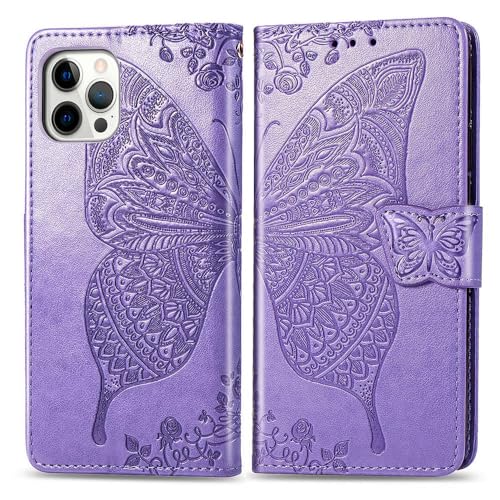 for iPhone 12 Pro/iPhone 12 Wallet Case,Women Flip Folio Cover with Butterfly Embossed PU Leather Kickstand Credit Card Holder Slots Wrist Strap for iPhone 12/12 Pro 6.1 inch (Lavender) - color: Lavender